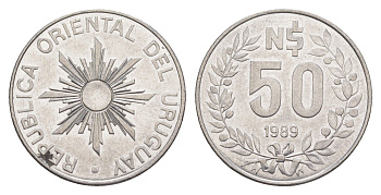 Уругвай 50 песо 1989 KM 94 нержавеющая сталь 4635-656