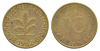 ФРГ 10 пфеннигов 1982 F KM 108, J. 383 сталь плакированная латунью 4627-112