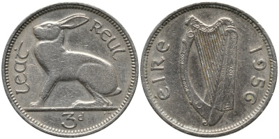 Ирландия 3 пенса 1956 заяц KM 12а медно-никель 4387-1037