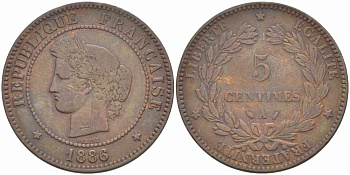 ФРАНЦИЯ 5 САНТИМОВ 1886 A, ТРЕТЬЯ РЕСПУБЛИКА (1871-1940) KM 821.1, LE FRANC 118.29 бронза 108-732