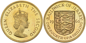Джерси 1/4 шиллинга 1960 герб, Елизавета II (1952-), тираж 4200 экз KM 22 никель латунь PROOF 4582-356