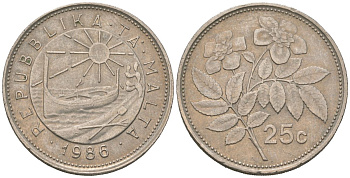 Мальта 25 центов 1986 шиповник вечнозелёный KM 80 медно-никель 4511-141