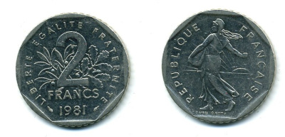 ФРАНЦИЯ 2 ФРАНКА 1981 СЕЯТЕЛЬ KM 942.1, LE FRANC 272.5 никель 25-2431