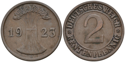 Германия 2 рентенпфеннига 1923 J KM 31, J. 307 бронза    4596-311