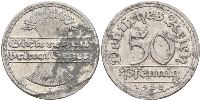 Германия 50 пфеннигов 1922 J J. 301, KM 27 алюминий    4603-842