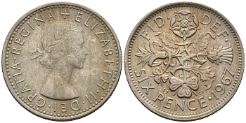 Великобритания 6 пенсов 1967 Елизавета II (1952-2022) KM 903, Spink 4149 медно-никель 75-1545