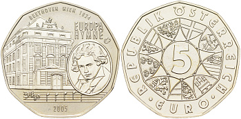 Австрия 5 евро 2005 10 лет вступления Австрии в ЕС, Бетховен, гимн ЕС KM 3120 серебро  UNC  1522-1422