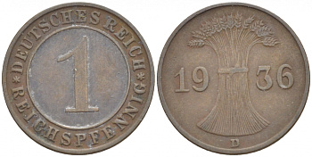 ГЕРМАНИЯ 1 РЕЙХСПФЕННИГ 1936 D KM 37, J 313 бронза 4532-532