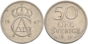 Швеция 50 эре 1967 U, Густав VI Адольф (1950-1973) KM 837 медно-никель 4382-957