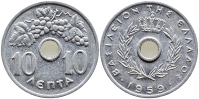 ГРЕЦИЯ 10 ЛЕПТА 1959 ПАВЕЛ I (1947-1964), ВИНОГРАДНАЯ ГРОЗДЬ KM 78 алюминий 4390-222