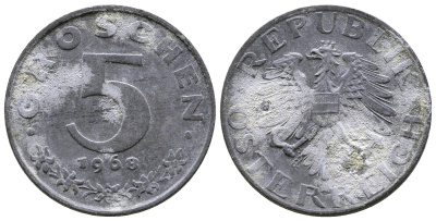 АВСТРИЯ 5 ГРОШЕЙ 1968 KM 2875 цинк 57-1142