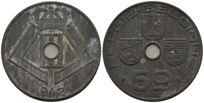Бельгия 5 сантимов 1942 Belgie - Belgique, Леопольд III (1934-1947), германская оккупация, Вторая мировая война KM 124 цинк 4160-1133