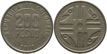 Колумбия 200 песо 2010 KM 287.4, Schon 113, Restrepo 446 никель латунь 4538-433