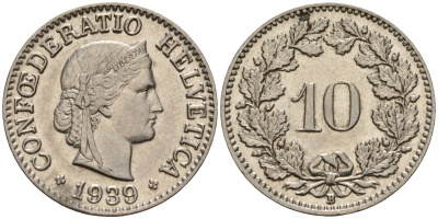 Швейцария 10 раппенов 1939 B KM 27b никель     4189-343