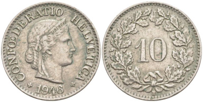 ШВЕЙЦАРИЯ 10 РАППЕНОВ 1946 В KM 27 медно-никель 201-1247