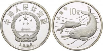 КИТАЙ 10 ЮАНЕЙ 1988 ДЕЛЬФИНЫ KM 212 серебро PROOF 00-000-00