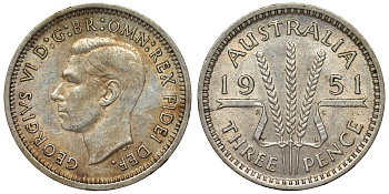 Австралия 3 пенса 1951 PL, Георг VI (1937-1952) KM 44 серебро 71-161