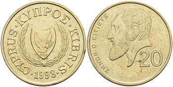 Кипр 20 центов 1993 Зенон Китийский KM 62.2 никель латунь    4595-942