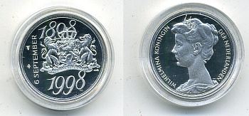 НИДЕРЛАНДЫ МЕДАЛЬ 1998 100 ЛЕТИЕ КОРОЛЕВЫ ВИЛЬГЕЛЬМИНЫ, В ОРИГИНАЛЬНОЙ КОРОБКЕ, С СЕРТИФИКАТОМ серебро PROOF 5-1-45