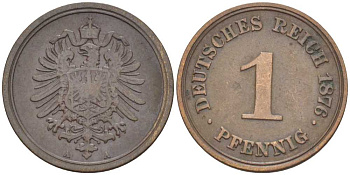 ГЕРМАНИЯ 1 ПФЕННИГ 1876 A, СТАРОГЕРБОВКА KM 1, J. 1, Weege 1 медь 206-1044