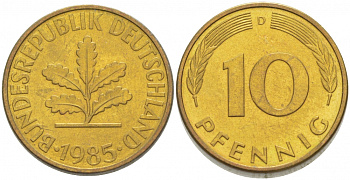 ФРГ 10 ПФЕННИГОВ 1985 D KM 108, J.383 сталь плакированная латунью 3996-711