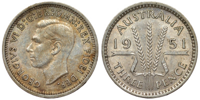 Австралия 3 пенса 1951 PL, Георг VI (1937-1952) KM 44 серебро 71-161
