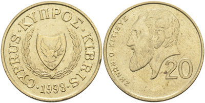 Кипр 20 центов 1993 Зенон Китийский KM 62.2 никель латунь    4595-942