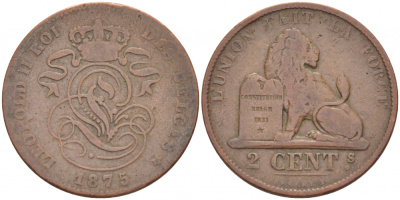 БЕЛЬГИЯ 2 САНТИМА 1875 BELGES KM 35.1 медь 110-151