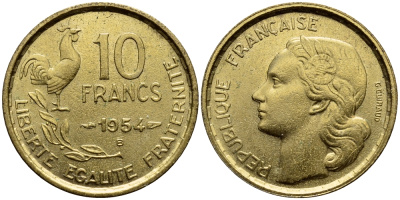 Франция 10 франков 1954 В, петух KM 915.2, Le Frank 363.11 алюминиевая бронза 4393-1151