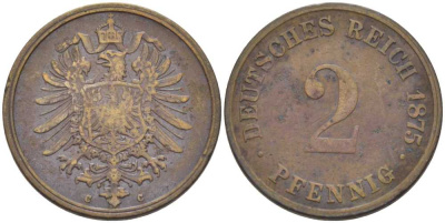 ГЕРМАНИЯ 2 ПФЕННИГА 1875 С, СТАРОГЕРБОВКА KM 2, J. 2, Weege 3 медь 212-541