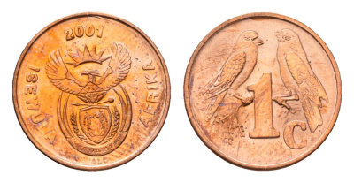 ЮАР 1 цент 2001 герб, капские воробьи KM 221 сталь плакированная медью UNC 4694-158