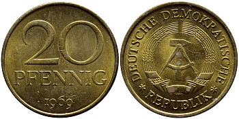 ГДР 20 пфеннигов 1969 А, первый год KM 11 латунь UNC 4397-536
