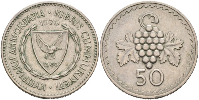 Кипр 50 милсов 1970 виноградная гроздь KM 41 медно-никель 4566-1245