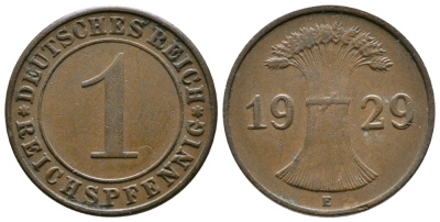 ГЕРМАНИЯ 1 РЕЙХСПФЕННИГ 1929 E KM 37, J. 313 бронза 4380-1161