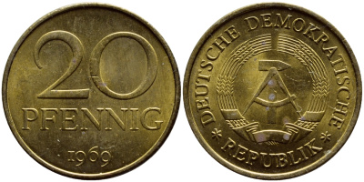 ГДР 20 пфеннигов 1969 А, первый год KM 11 латунь UNC 4397-536