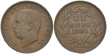 Португалия 20 реалов 1884 Луиш I (1861-1889) KM 527 бронза 4512-925