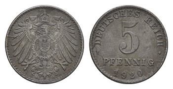 Германия 5 пфеннигов 1920 A KM 19, J. 297 железо плакированное цинком 4644-1121