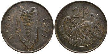 Ирландия 2 пенса 1971 виньетка в виде стилизованной птицы из второй библии Карла II лысого KM 21 бронза 4171-223