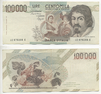 Италия 100000 лир 1983 Караваджо, фруктовый букет, подпись Speziali Pick 110b бумага 7220-18-2