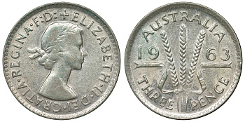 Австралия 3 пенса 1963 m, Елизавета II (1952-2022) KM 57 серебро 71-841