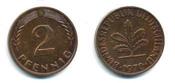 ФРГ 2 пфеннига 1970 F KM 106a, J.381a сталь плакированная медью 3999-1146