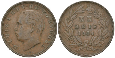 Португалия 20 реалов 1884 Луиш I (1861-1889) KM 527 бронза 4512-925