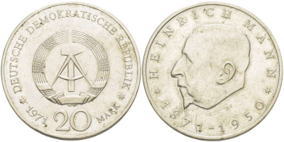 ГДР 20 марок 1971 А, 100 лет со дня рождения Генриха Манна (1871-1950) KM 33, J. 1531 медно-никель 4521-544