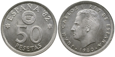 Испания 50 песет 1980 (80) Хуан Карлос, чемпионат мира по футболу в Испании 82 КМ 819 медно-никель UNC 4607-642