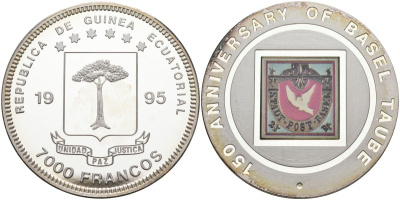 Экваториальная Гвинея 7000 франков 1995 150 лет первой Базельской почтовой марке "Taube" (голубка), цветная эмаль, тираж 7500 экз. KM 109 серебро PROOF 11-322-14