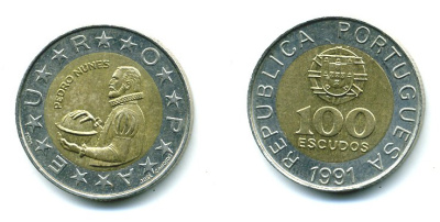 Португалия 100 эскудо 1991 Педру Нуниш (1502-1578), математик KM 645.1 биметалл 25-343