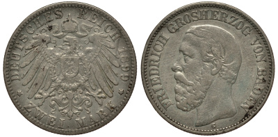 Баден 2 марки 1899 Фридрих I (1856-1907) J. 28, KM 269 серебро    3711-1744