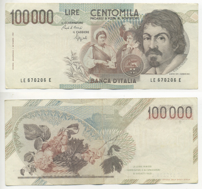 Италия 100000 лир 1983 Караваджо, фруктовый букет, подпись Speziali Pick 110b бумага 7220-18-2