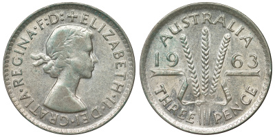 Австралия 3 пенса 1963 m, Елизавета II (1952-2022) KM 57 серебро 71-841