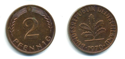 ФРГ 2 пфеннига 1970 F KM 106a, J.381a сталь плакированная медью 3999-1146